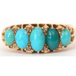 Early 20th century turquoise and diamond ring, a row of five oval cabochon graduated turquoises