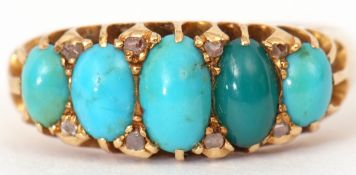 Early 20th century turquoise and diamond ring, a row of five oval cabochon graduated turquoises