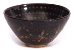 Chinese Jian ware pottery bowl with a typical brown glaze and dot design, 11cm diam