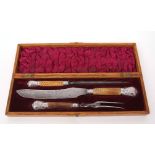 Late Victorian oak cased carving set with steel blades and silver ferrules and caps, Sheffield 1889,