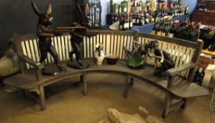 Early 20th century partially painted oak crescent shaped cricket pavilion bench with slatted back