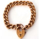 Edwardian 9ct rose gold large curb link bracelet, every other link engraved, joined with a heart