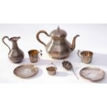 Late Victorian French matched white metal tea set comprising tea pot of compressed circular form,