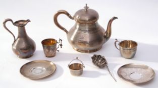 Late Victorian French matched white metal tea set comprising tea pot of compressed circular form,