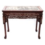 Oriental hardwood marble topped side table, ornately inlaid throughout with mother of pearl foliage,
