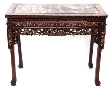 Oriental hardwood marble topped side table, ornately inlaid throughout with mother of pearl foliage,