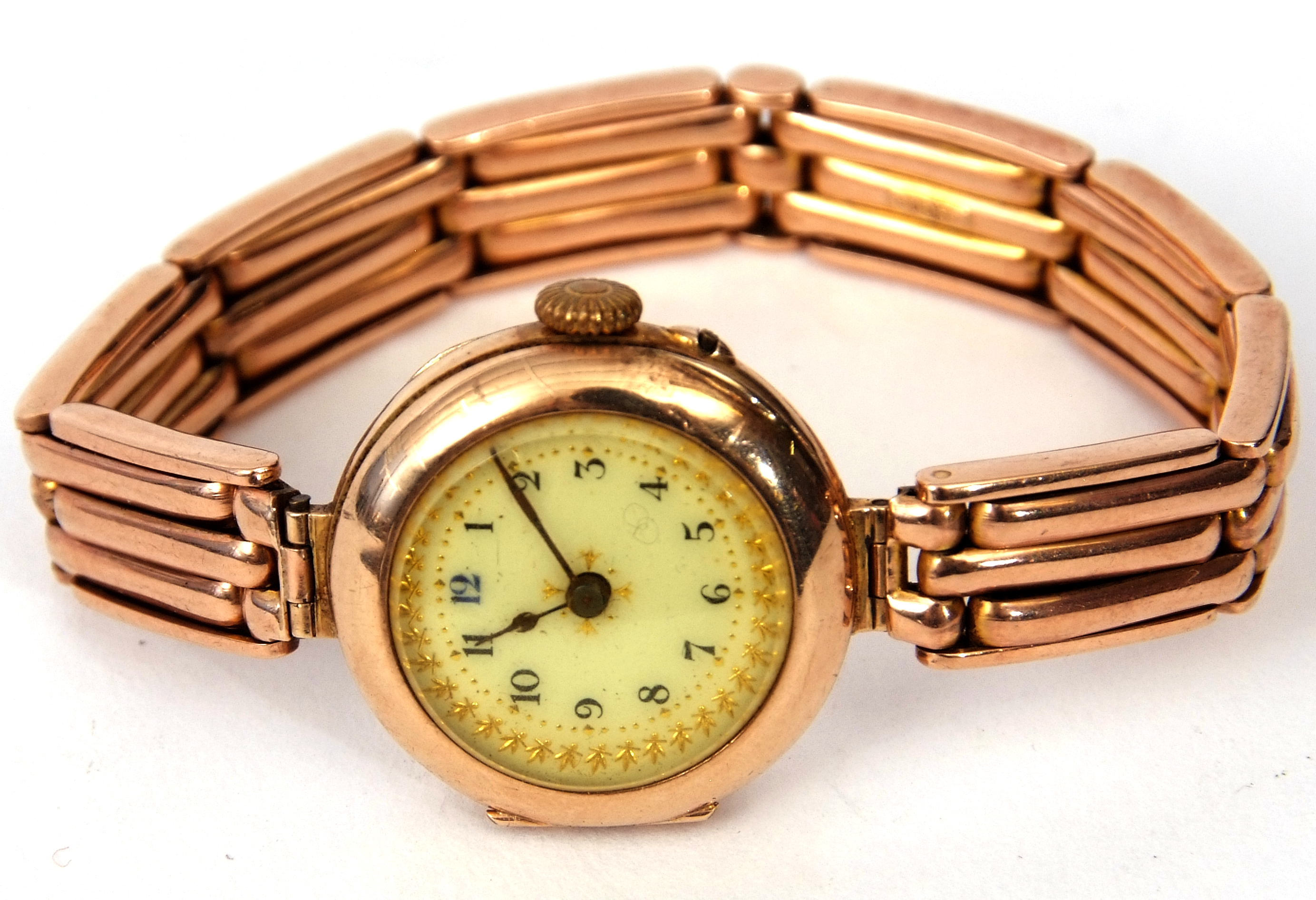 First quarter of 20th century ladies hallmarked 9ct gold cased wristwatch (un-named), black Arabic