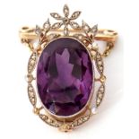 Antique amethyst, diamond and seed pearl brooch, the oval faceted amethyst framed within a diamond