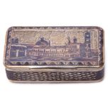 Mid-19th century Russian silver and nielo work snuff box, the lid and base engraved with townscapes,