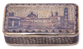 Mid-19th century Russian silver and nielo work snuff box, the lid and base engraved with townscapes,