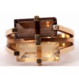 Danish modernist quartz dress ring featuring two coloured stones, brown and pale yellow, 2.23ct each
