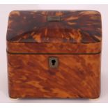Small blonde tortoiseshell tea caddy, the lid with white metal stringing and central name plate over
