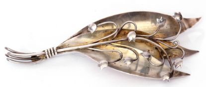 Early 20th century hand wrought sterling silver lily of the valley spray brooch, 11cm long, 4.5cm