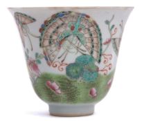 Chinese porcelain beaker decorated in a famille vert palette with flowers and butterflies, 8cm high