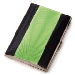 George V Art Deco style black enamelled and green guilloche ladies cigarette case with engine turned