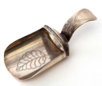 George III caddy spoon with prick engraved curved handle, the shovel shaped bowl prick engraved with