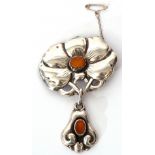 Art Nouveau white metal and amber brooch pin with drop, by Grann & Laclye, Denmark, stamped to
