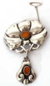 Art Nouveau white metal and amber brooch pin with drop, by Grann & Laclye, Denmark, stamped to