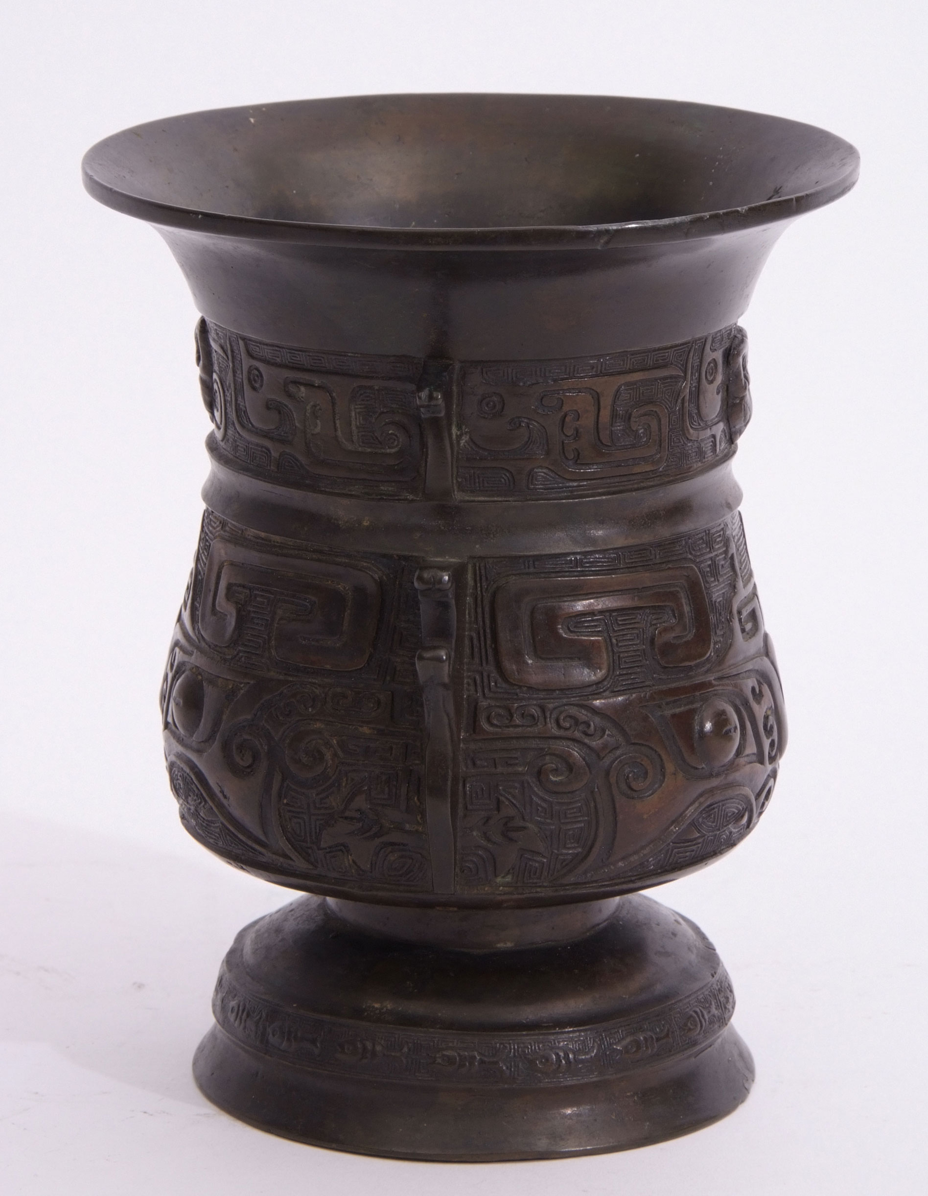 Large Chinese bronze altar vase of archaic form with typical decoration in relief, 21cm high - Image 2 of 4