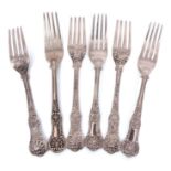 Mixed Lot: Three + three William IV Queen's pattern dinner forks with Honeysuckle heels, length