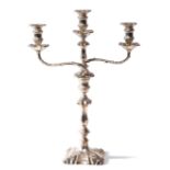 George V large three light candelabrum in George II style, the shaped square base with foliate