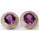 Pair of modern amethyst and diamond earrings, the round cut purple amethysts approx 5.93ct raised