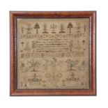 Late 18th century sampler, silk/wool stitched on linen, central verse, geometric trees, birds,