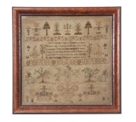 Late 18th century sampler, silk/wool stitched on linen, central verse, geometric trees, birds,