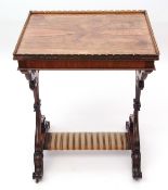 Early 19th century rosewood "silver" table, plain top with a hipped gallery surround over a plain