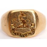 Antique 18ct gold heraldic intaglio signet ring, the shield shaped head features an intaglio