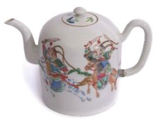 Chinese tea pot, the dome shape decorated in polychrome with Chinese warriors on horseback with