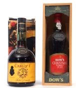 Dow's Christmas Reserve Port in wooden box, 1 bottle and Domecq Carlos I Solera Especial Brandy,