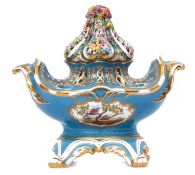 Herend centrepiece of two handled oval form with central reticulated lift off cover painted and
