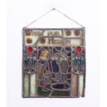 Small 19th/20th century coloured and leaded glass panel depicting three figures by a pond and