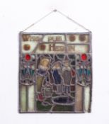 Small 19th/20th century coloured and leaded glass panel depicting three figures by a pond and