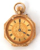 Last quarter of 19th century gold cased fob watch, button wind, of "threepenny" piece design, with