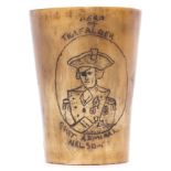19th/20th century horn beaker with amateur engraved decoration of Admiral Nelson and his Britannic