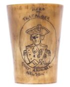 19th/20th century horn beaker with amateur engraved decoration of Admiral Nelson and his Britannic