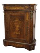 Mid-Victorian burr walnut and marquetry inlaid side cabinet of shaped rectangular form with canted