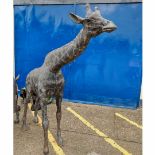 Modern bronze patinated cast metal garden study of a giraffe, 192cm high