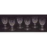 Set of six early 19th century port glasses, the ogee bowls relief diamond cut with slanting blazes