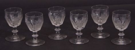 Set of six early 19th century port glasses, the ogee bowls relief diamond cut with slanting blazes