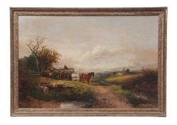 Joseph Horlor (1809-1887), Extensive landscape with log cart oil on canvas, signed lower left, 80