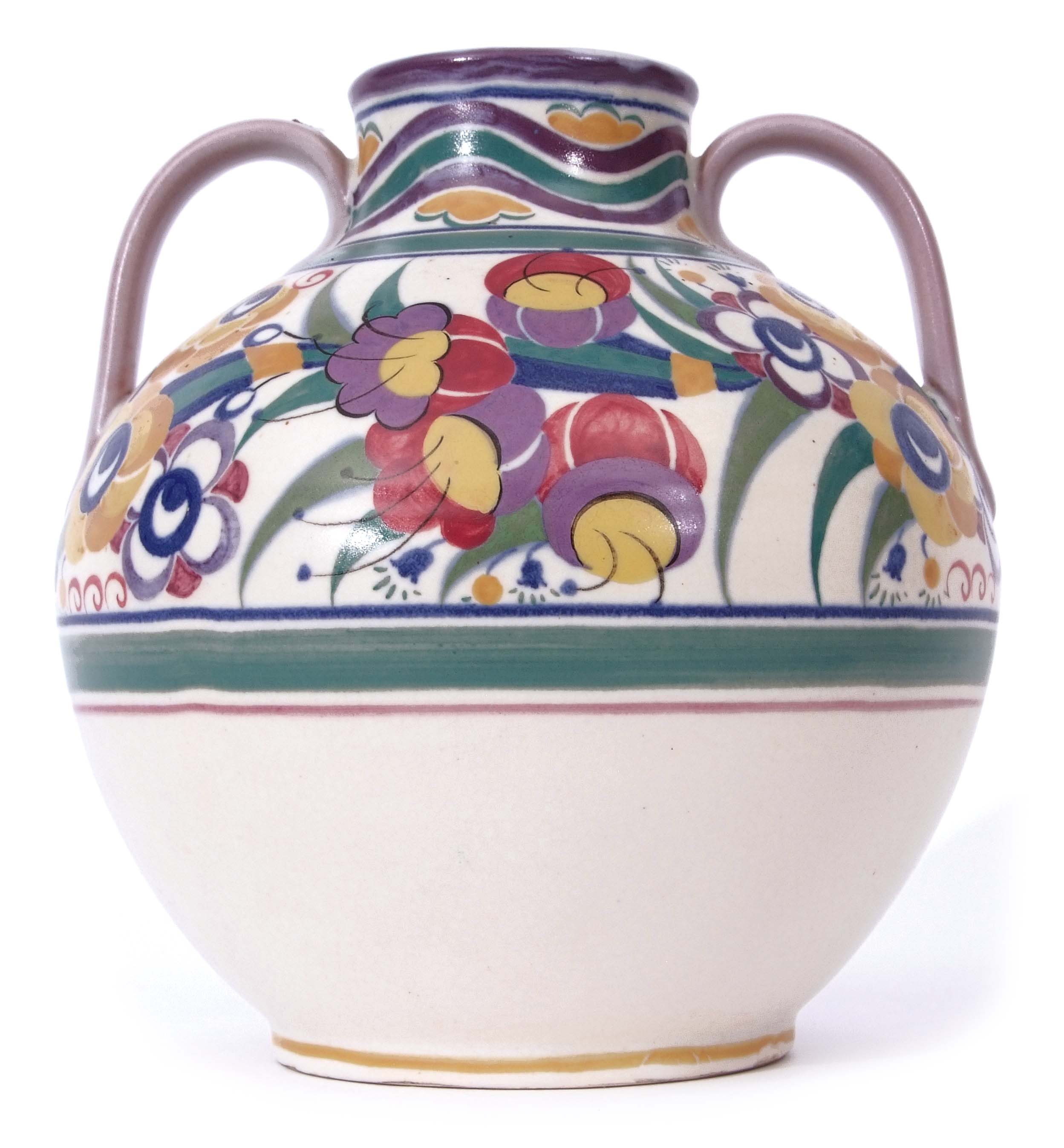 Large Poole globular vase, circa 1930s, with two lug handles, decorated with a floral design,