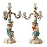 Fine pair of 19th century Meissen candelabra with the central column with a maiden and cherub, the