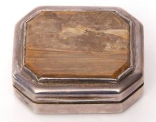 George III snuff box of canted rectangular form, the lid inset with a brown agate panel opening to