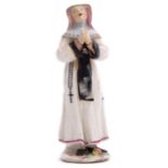 Bow porcelain figure of a nun, circa 1758, modelled in typical fashion on flat base with detailed
