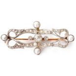 Antique diamond and pearl brooch, the elongated rectangular shaped pierced scroll plaque with