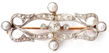 Antique diamond and pearl brooch, the elongated rectangular shaped pierced scroll plaque with