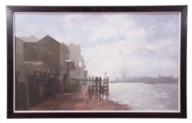 Roy Perry, RI (1935-1993) London docks oil on board, signed lower right, 54 x 89cm